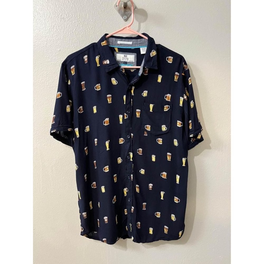 Men's Casual Navy Short-Sleeve Button-Down Shirt with Beer Print
